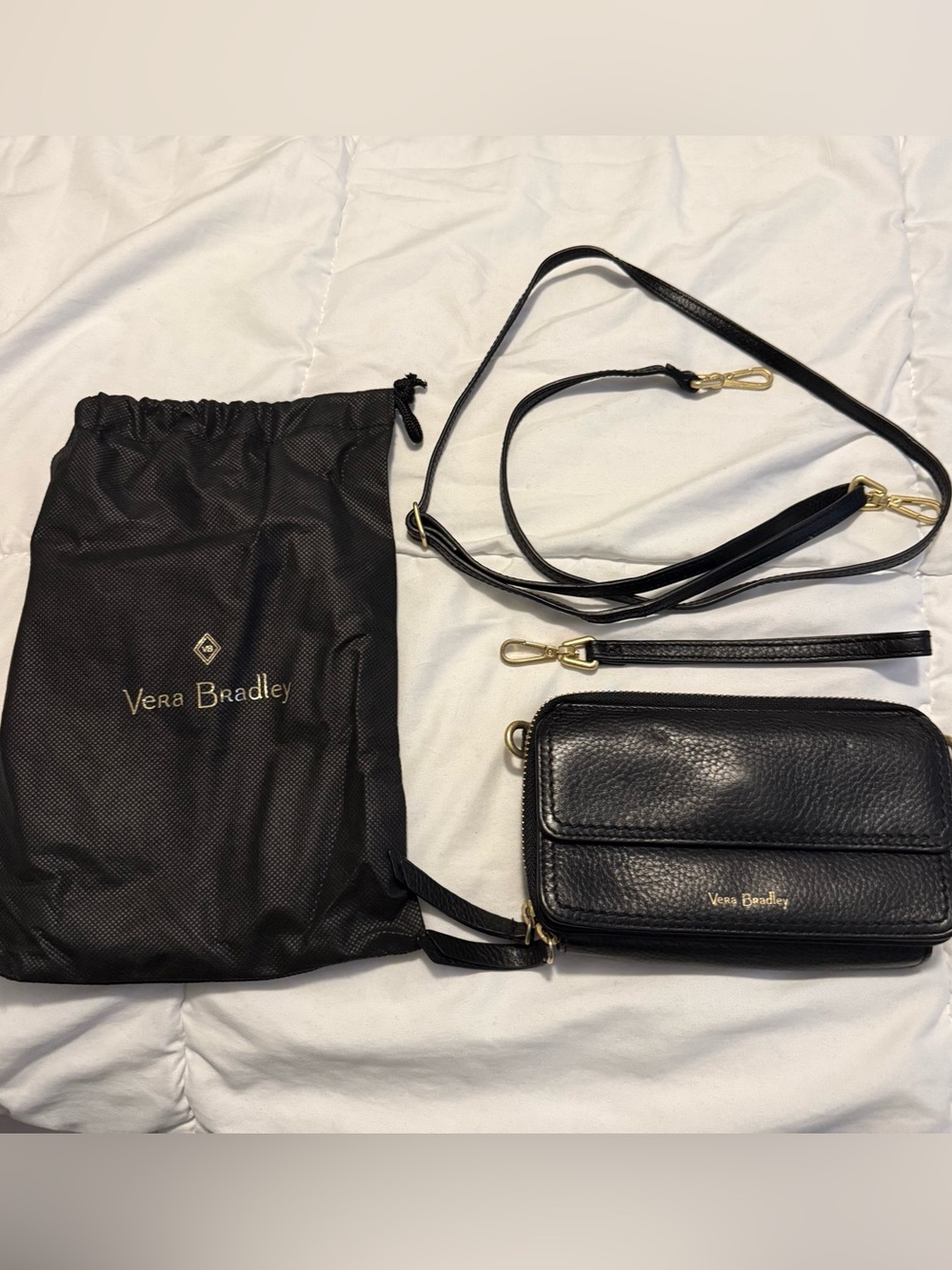 Vera Bradley Black Leather Crossbody Wallet with Gold Hardware